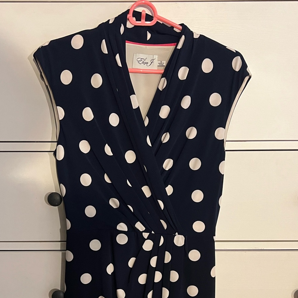 Eliza J, Size 8. Navy blue with white polka dots.